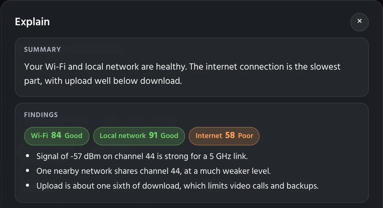 An Explain summary and findings, with scores for Wi-Fi, local network and internet.