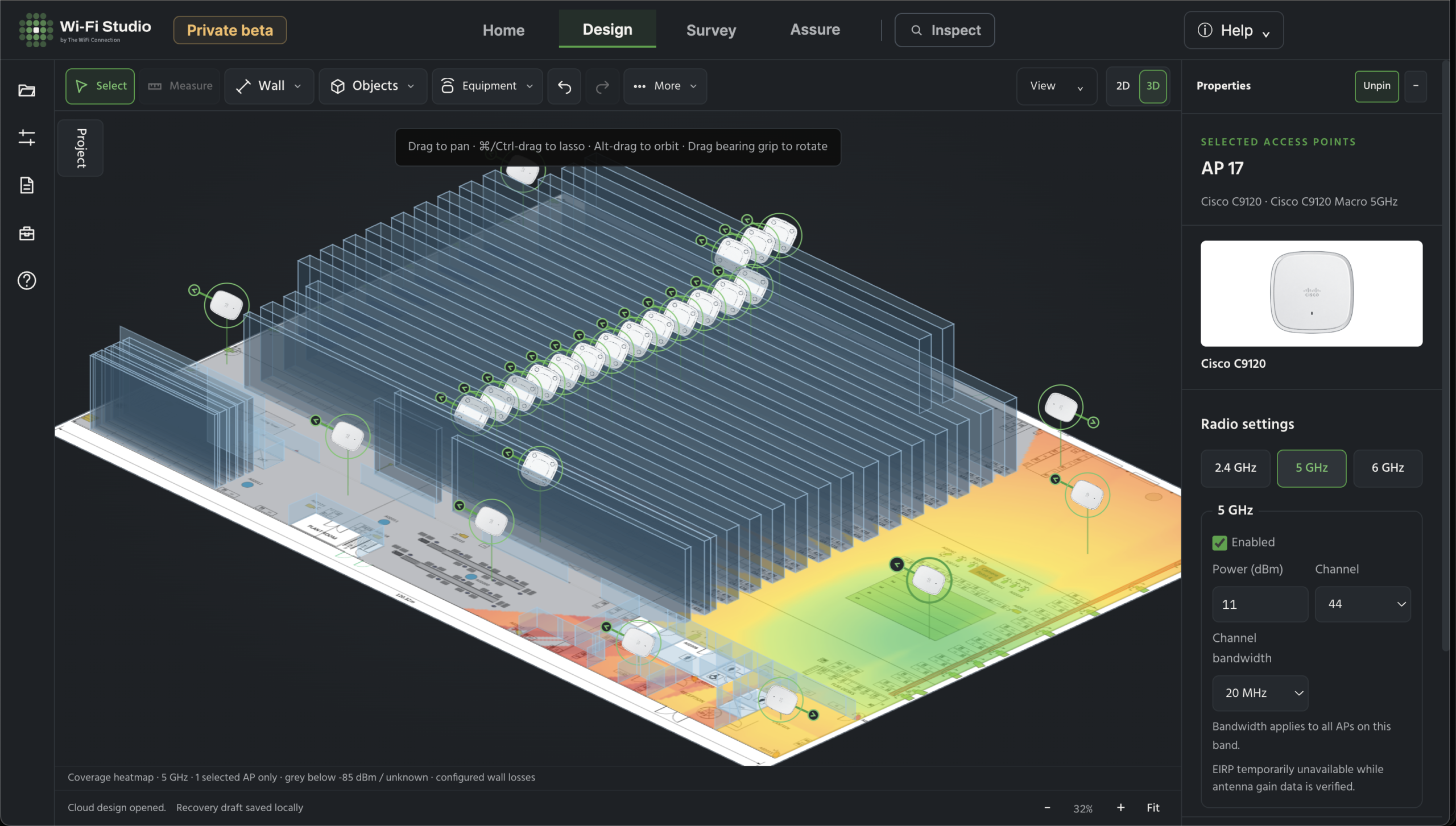 Wi-Fi Studio Design workspace in 3D, showing a warehouse with racking, ceiling-mounted access points, the selected access point's radio settings and a predicted coverage heatmap.