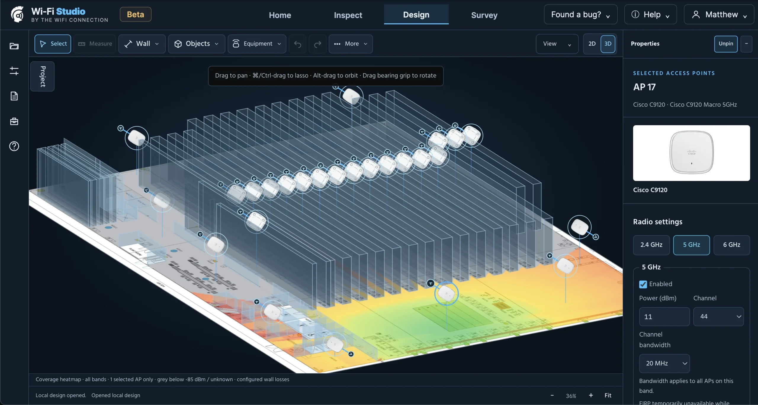 Wi-Fi Studio Design workspace in 3D, showing a warehouse with racking, ceiling-mounted access points, the selected access point's radio settings and a predicted coverage heatmap.